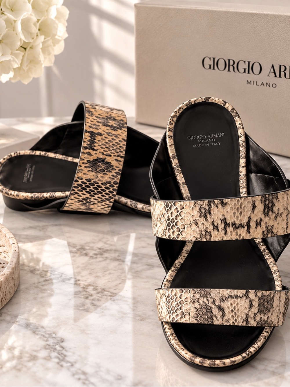 Giorgio Armani Women’s Snake-Print Leather Slide Sandals in Beige and Black 37.5